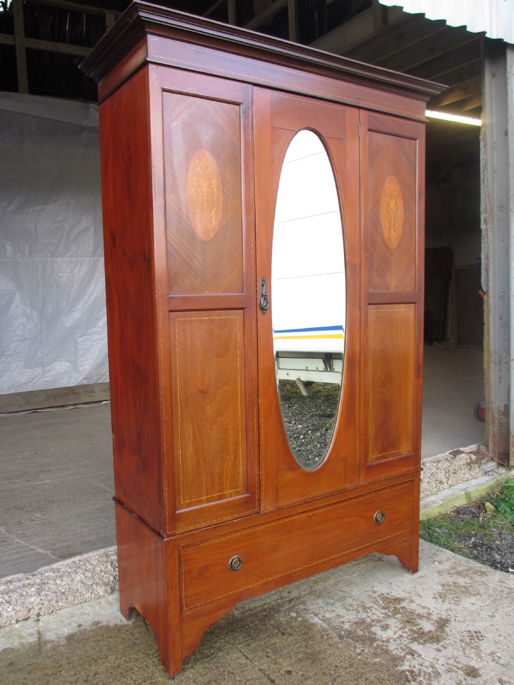 Edwardian inlaid mahogany Sheraton revival wardrobe  View II