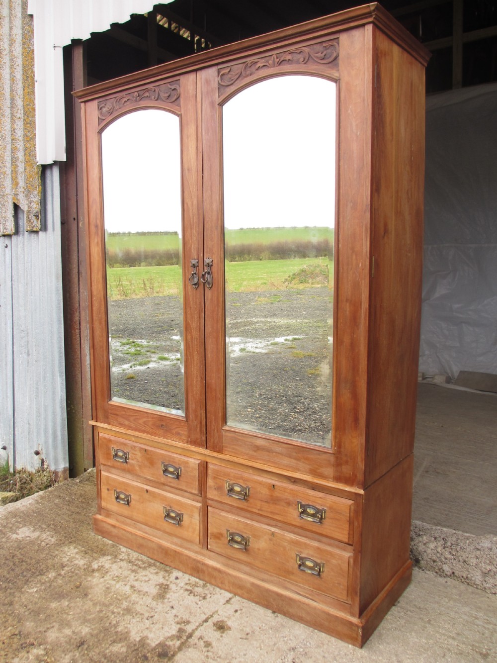 Victorian stripped carved mahogany twin arched bevel mirrored door wardrobe  View III