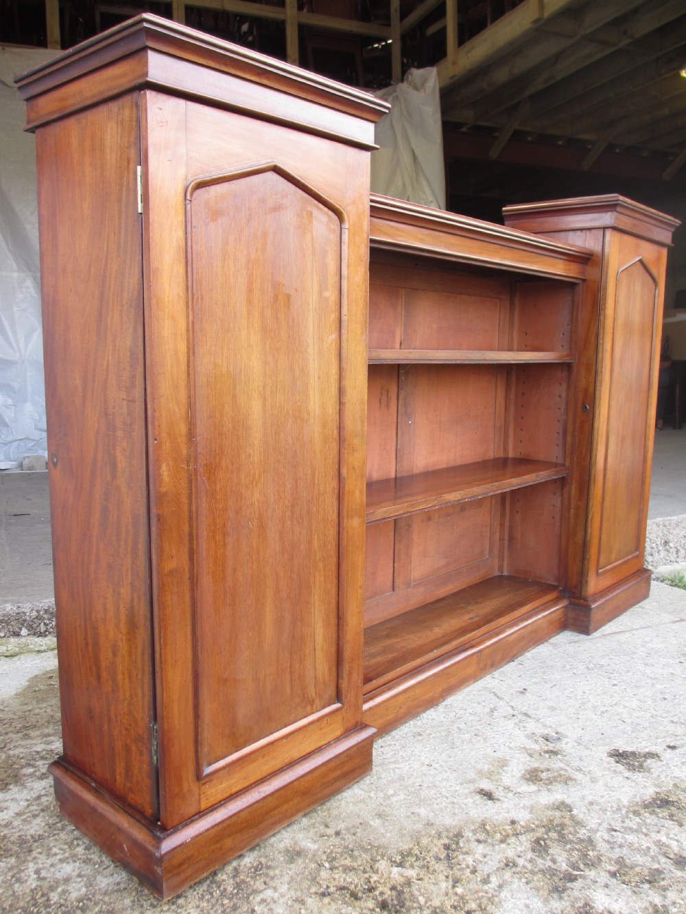 Victorian flame Mahogany breakfront open bookcase