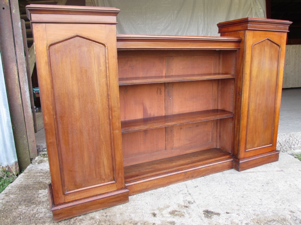Victorian flame Mahogany breakfront open bookcase View II
