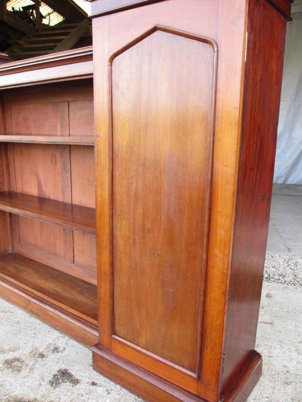 Victorian flame Mahogany breakfront open bookcase View IV