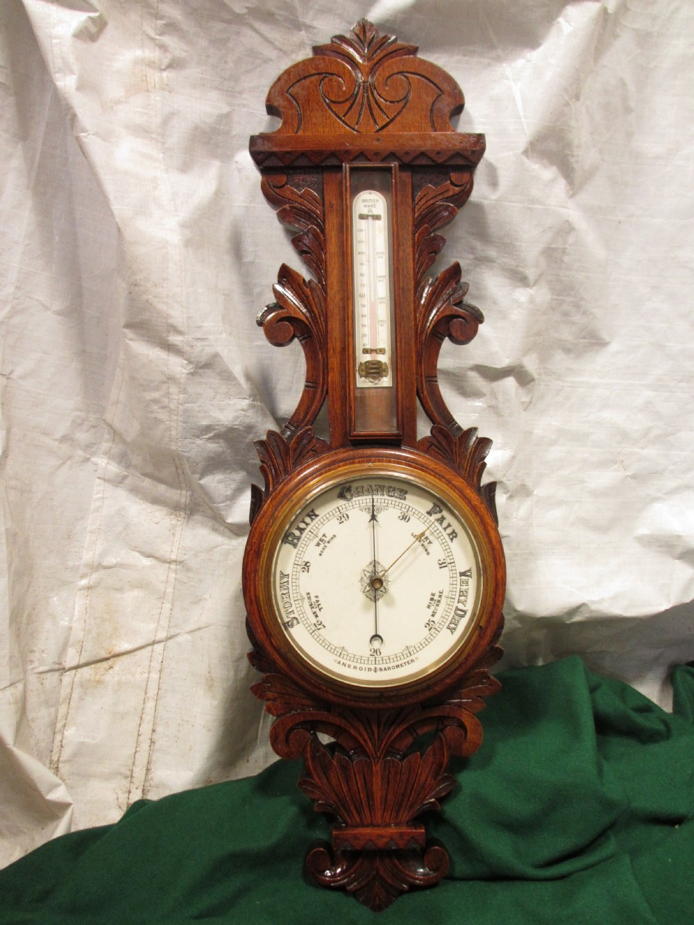 Lovely Victorian carved Oak wheel barometer by Brannon London 