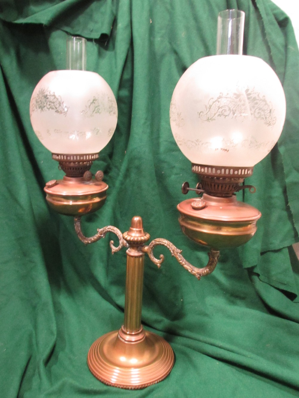 Victorian brass twin oil lamp View II