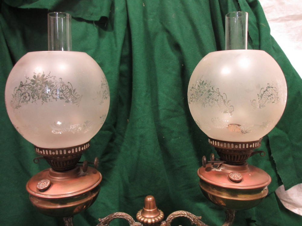 Victorian brass twin oil lamp View III