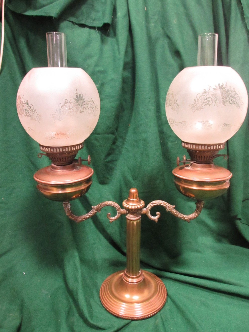 Victorian brass twin oil lamp View X