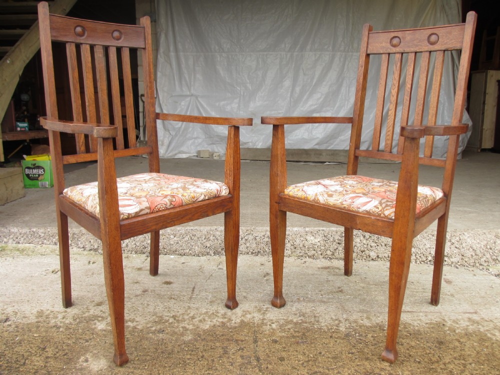 Pair of Victorian Arts and Crafts Oak carver arm chairs View II
