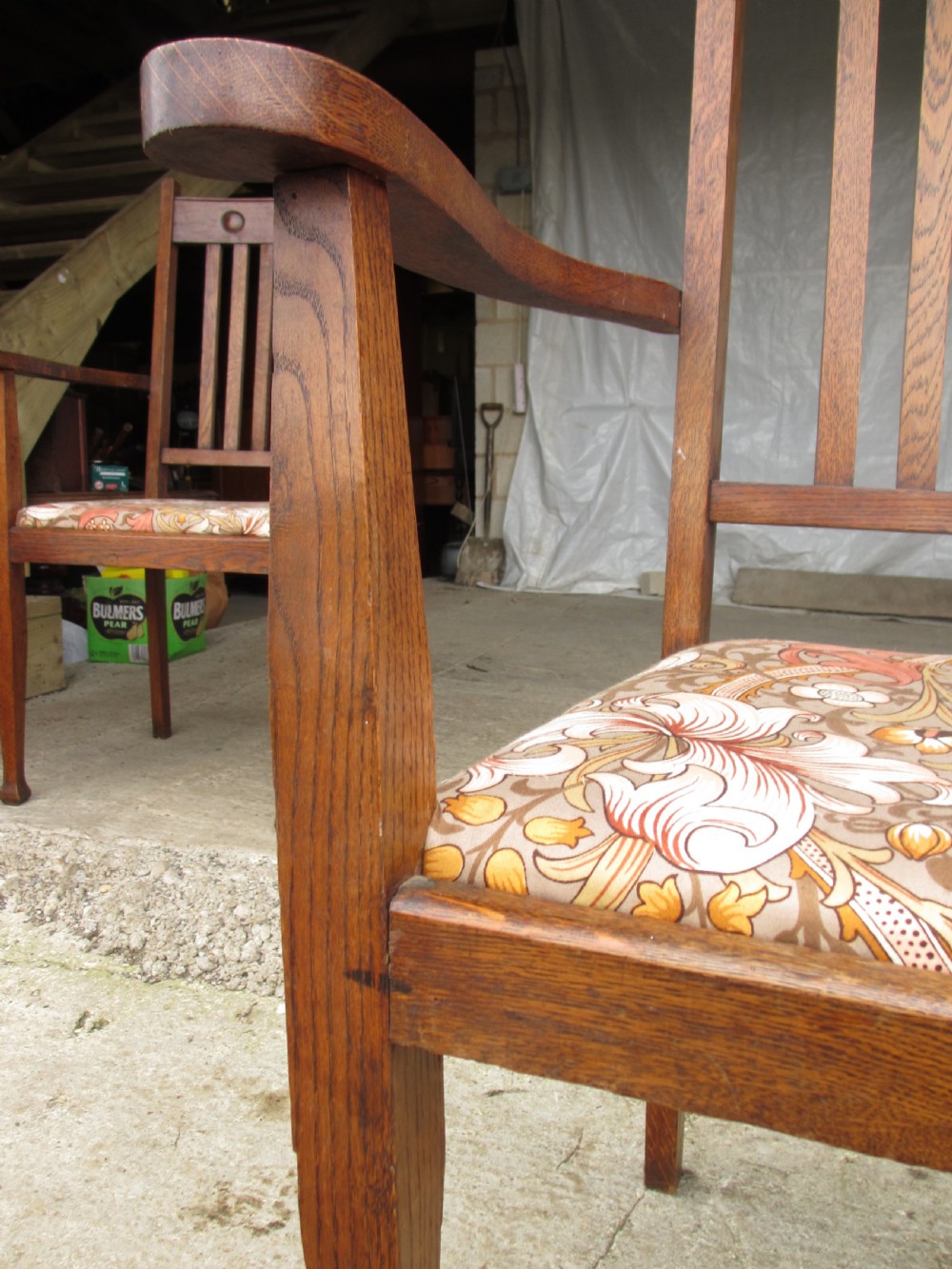 Pair of Victorian Arts and Crafts Oak carver arm chairs View X