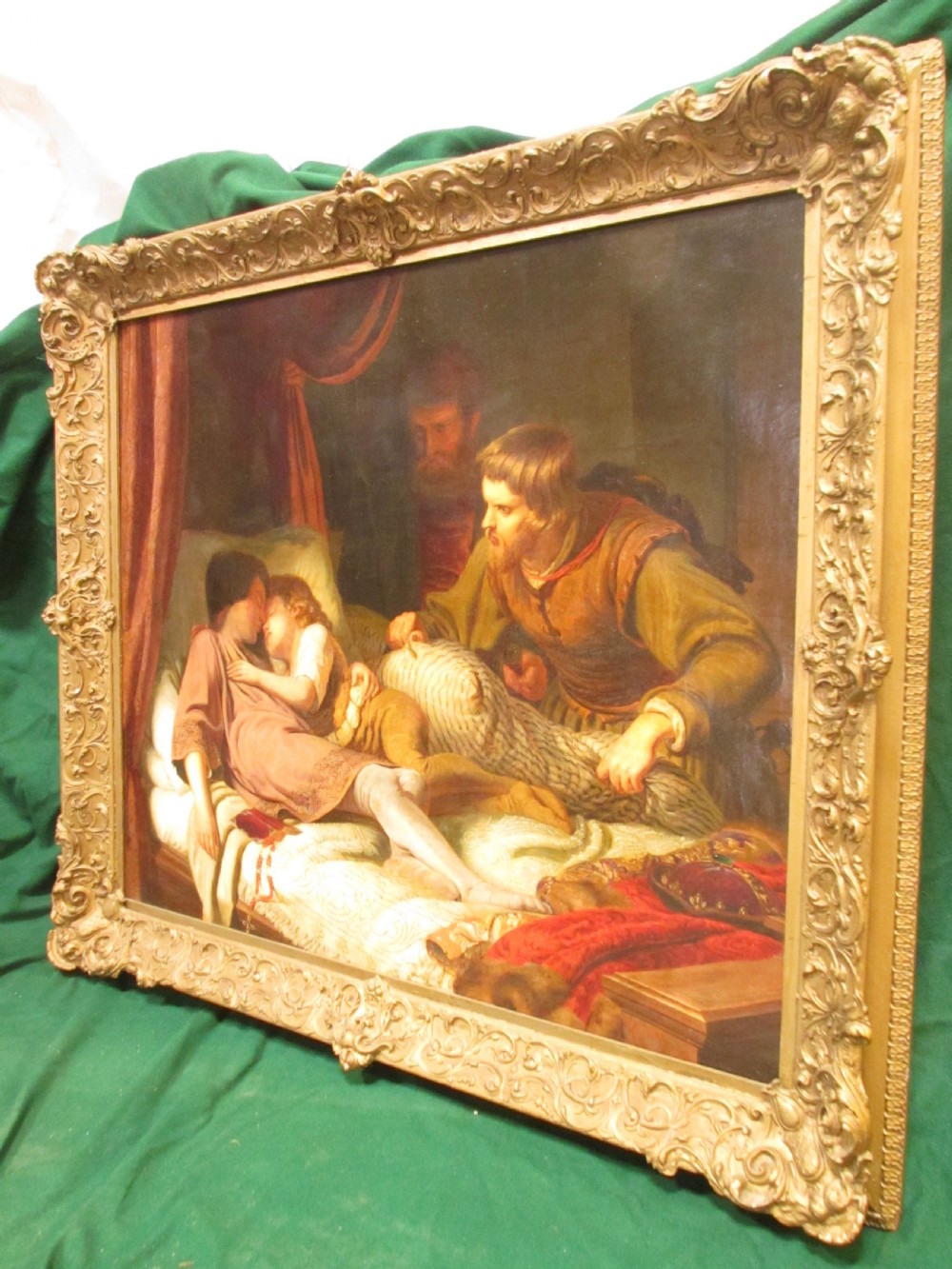 An antique 19th-century oil painting on canvas in an ornate gilded frame depicting a dramatic historical bedroom scene with sleeping figures. View V