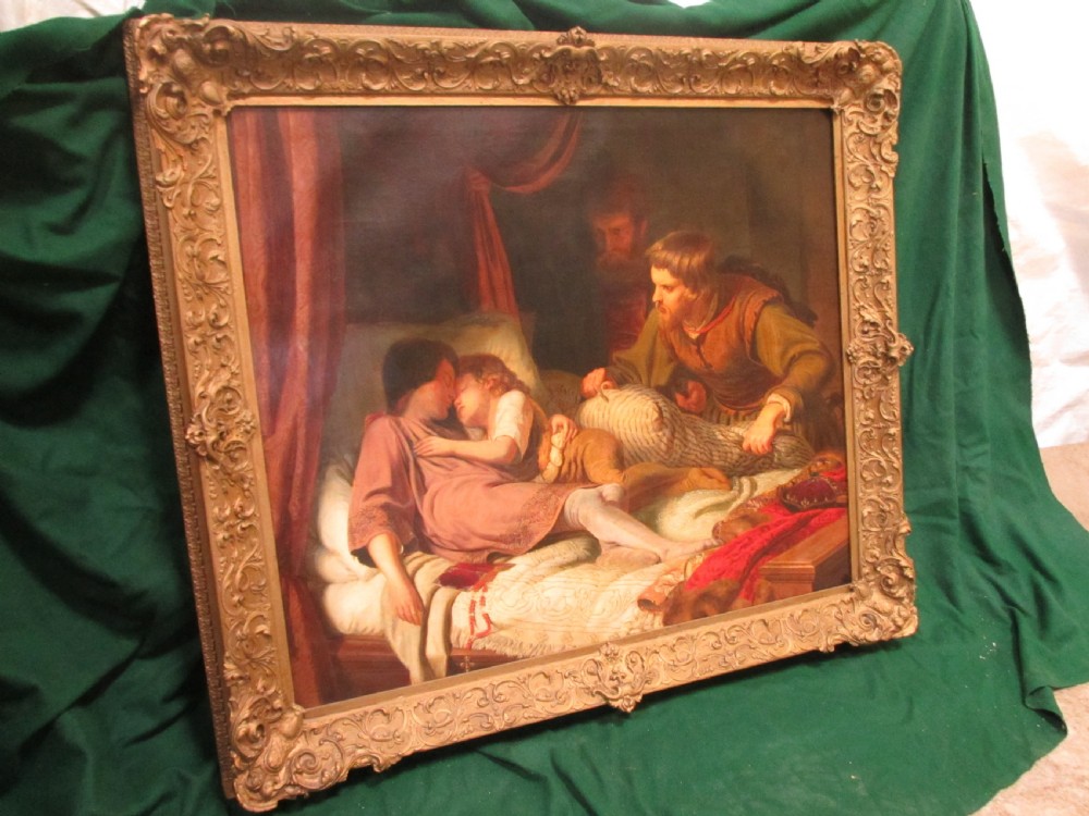 An antique 19th-century oil painting on canvas in an ornate gilded frame depicting a dramatic historical bedroom scene with sleeping figures. View II