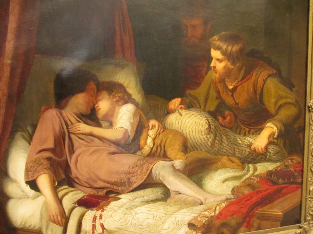 An antique 19th-century oil painting on canvas in an ornate gilded frame depicting a dramatic historical bedroom scene with sleeping figures. View III