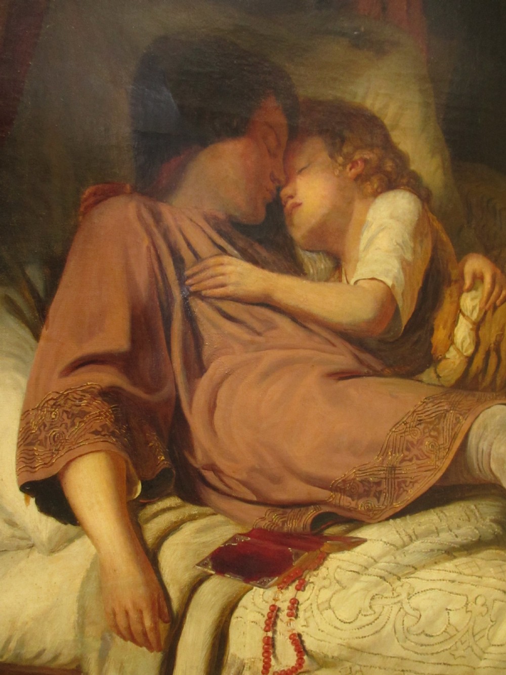 An antique 19th-century oil painting on canvas in an ornate gilded frame depicting a dramatic historical bedroom scene with sleeping figures. View IV