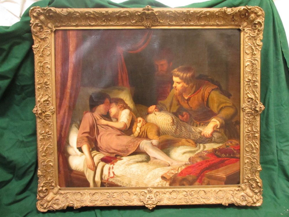 An antique 19th-century oil painting on canvas in an ornate gilded frame depicting a dramatic historical bedroom scene with sleeping figures.
