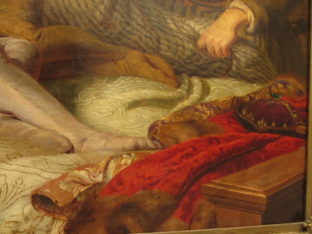 An antique 19th-century oil painting on canvas in an ornate gilded frame depicting a dramatic historical bedroom scene with sleeping figures. View VII