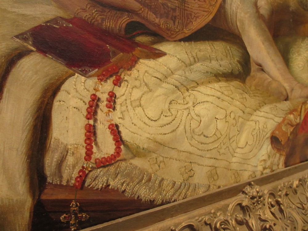 An antique 19th-century oil painting on canvas in an ornate gilded frame depicting a dramatic historical bedroom scene with sleeping figures. View IX
