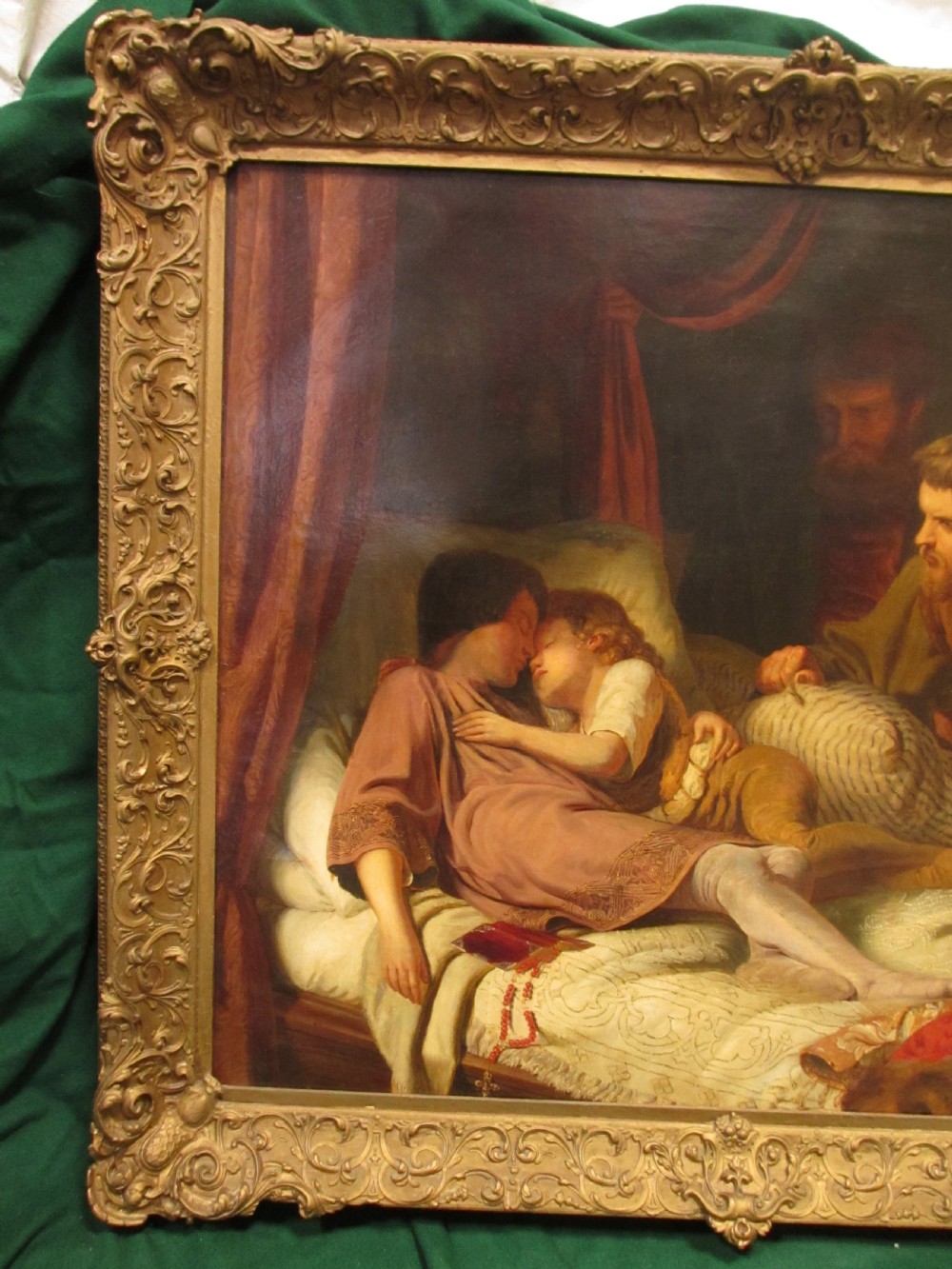 An antique 19th-century oil painting on canvas in an ornate gilded frame depicting a dramatic historical bedroom scene with sleeping figures. View X