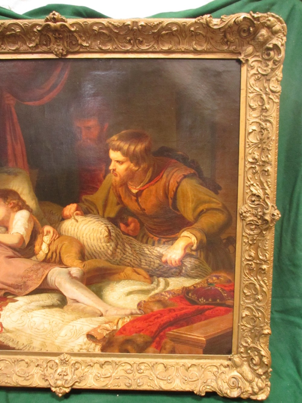 An antique 19th-century oil painting on canvas in an ornate gilded frame depicting a dramatic historical bedroom scene with sleeping figures. View XI