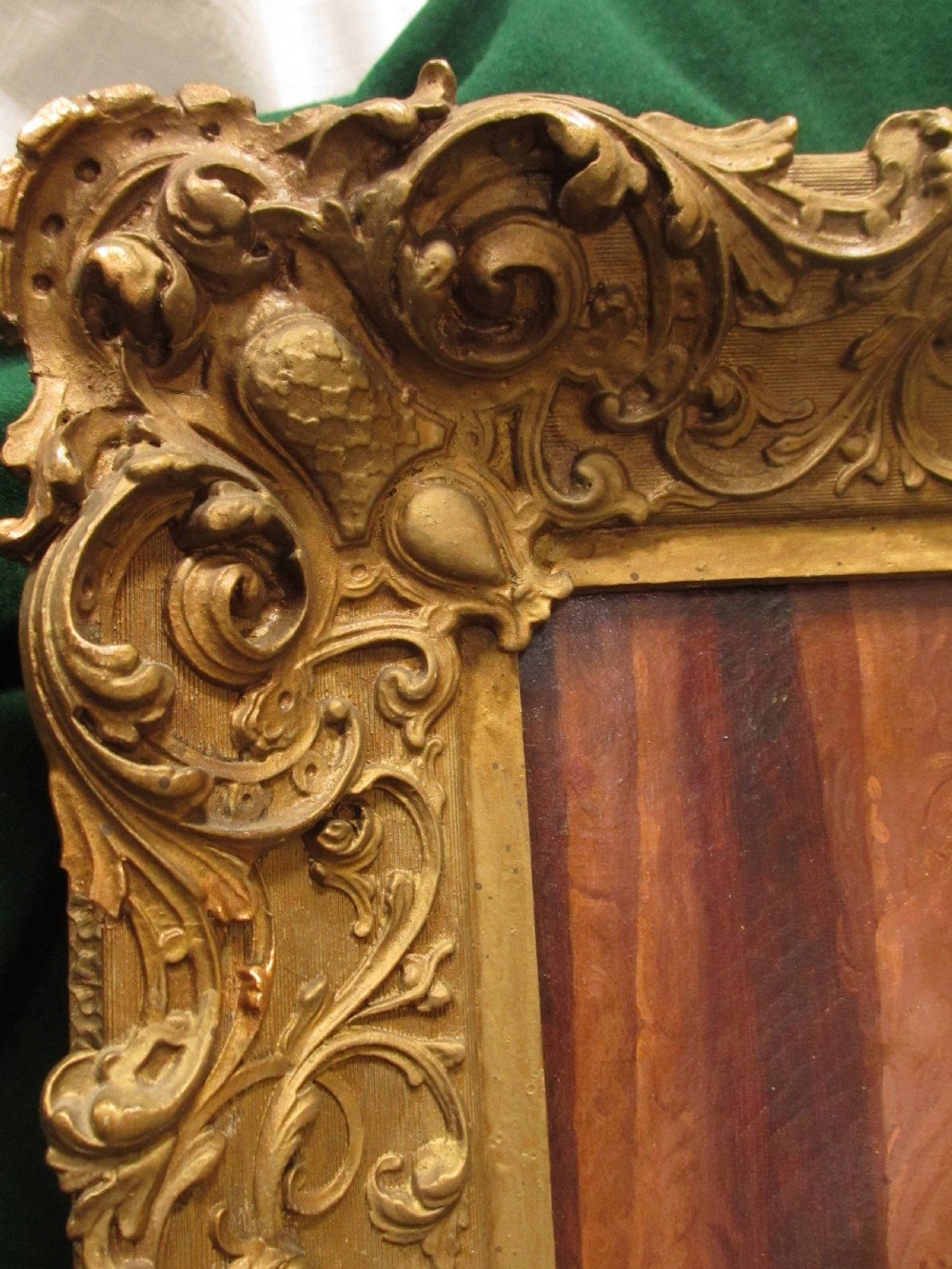 An antique 19th-century oil painting on canvas in an ornate gilded frame depicting a dramatic historical bedroom scene with sleeping figures. View XII