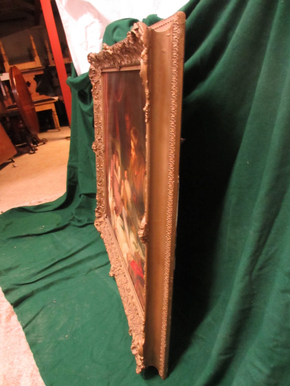 An antique 19th-century oil painting on canvas in an ornate gilded frame depicting a dramatic historical bedroom scene with sleeping figures. View XV