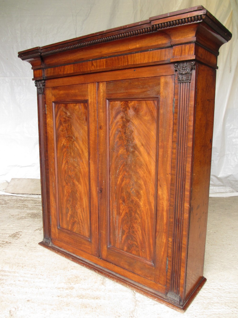 A Georgian flame mahogany two-door cabinet featuring fluted side pilasters, carved capitals, and prominent timber grain on the panelled doors. View III