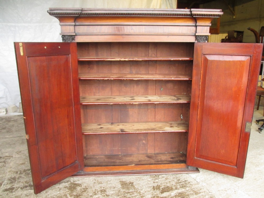 A Georgian flame mahogany two-door cabinet featuring fluted side pilasters, carved capitals, and prominent timber grain on the panelled doors. View VI