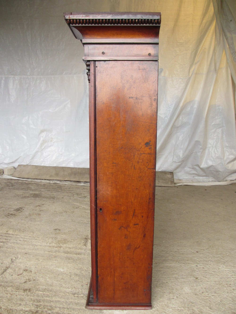 A Georgian flame mahogany two-door cabinet featuring fluted side pilasters, carved capitals, and prominent timber grain on the panelled doors. View VII