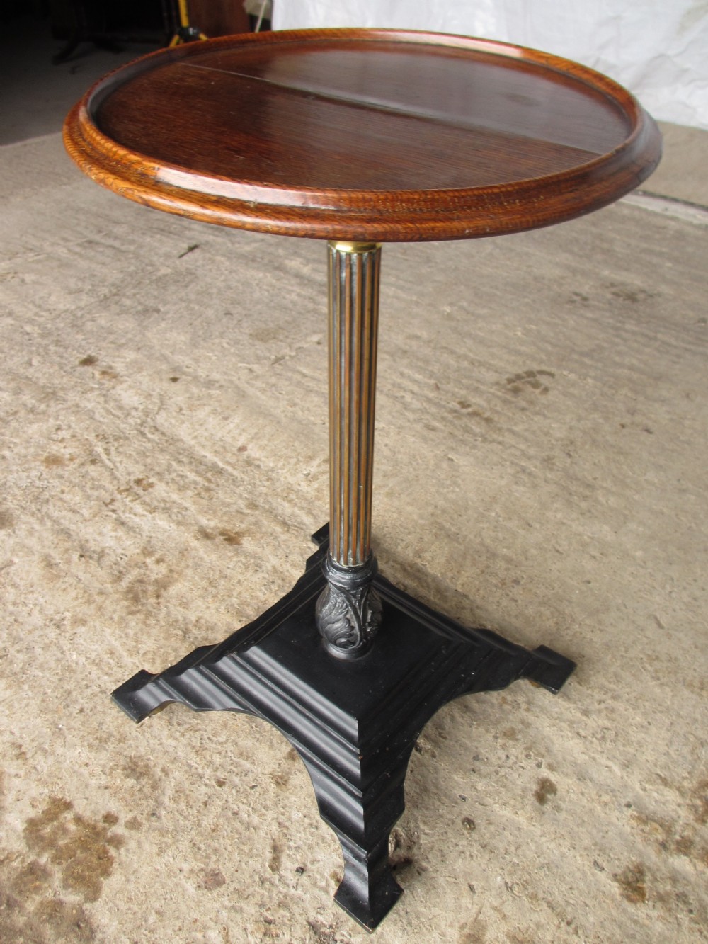 Victorian brass adjustable stand with oak circular pie edged top View II