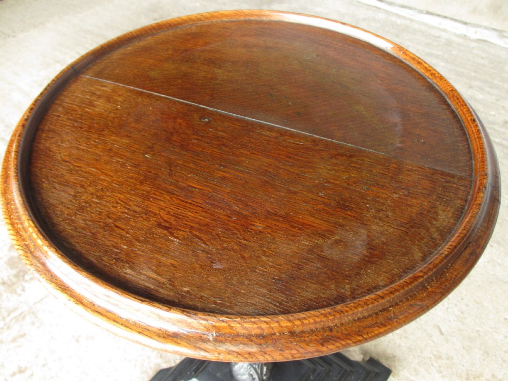 Victorian brass adjustable stand with oak circular pie edged top View III