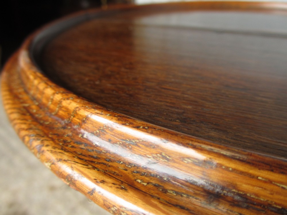 Victorian brass adjustable stand with oak circular pie edged top View IV