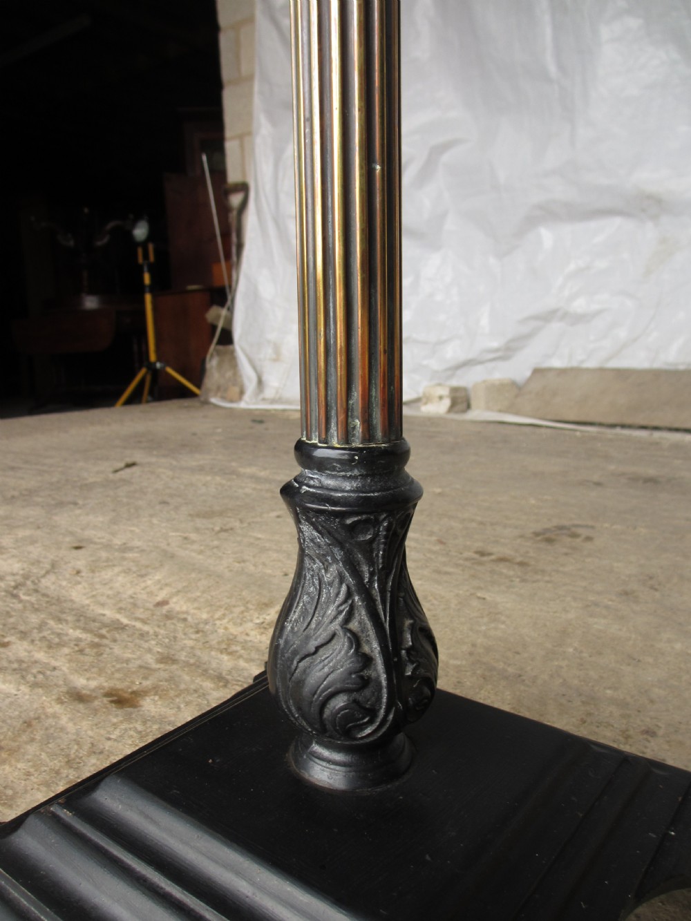 Victorian brass adjustable stand with oak circular pie edged top View VI