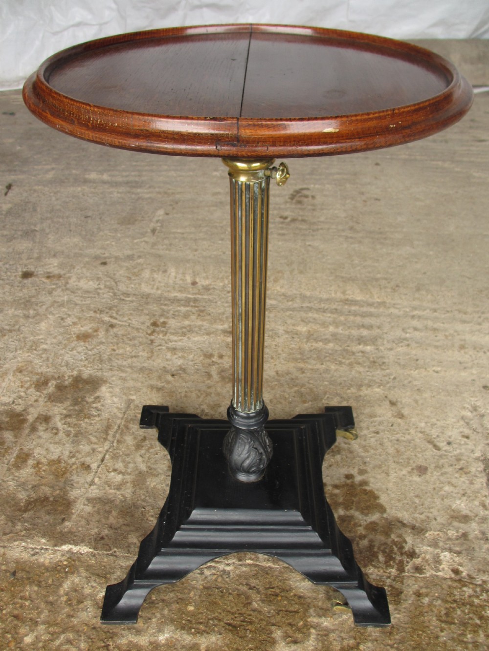 Victorian brass adjustable stand with oak circular pie edged top View XI