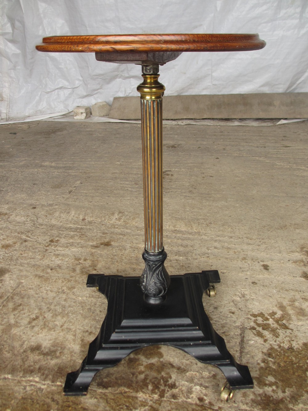 Victorian brass adjustable stand with oak circular pie edged top View XII