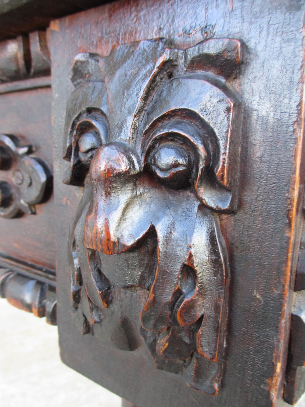 Victorian oak heavily carved partner's library desk  View IV