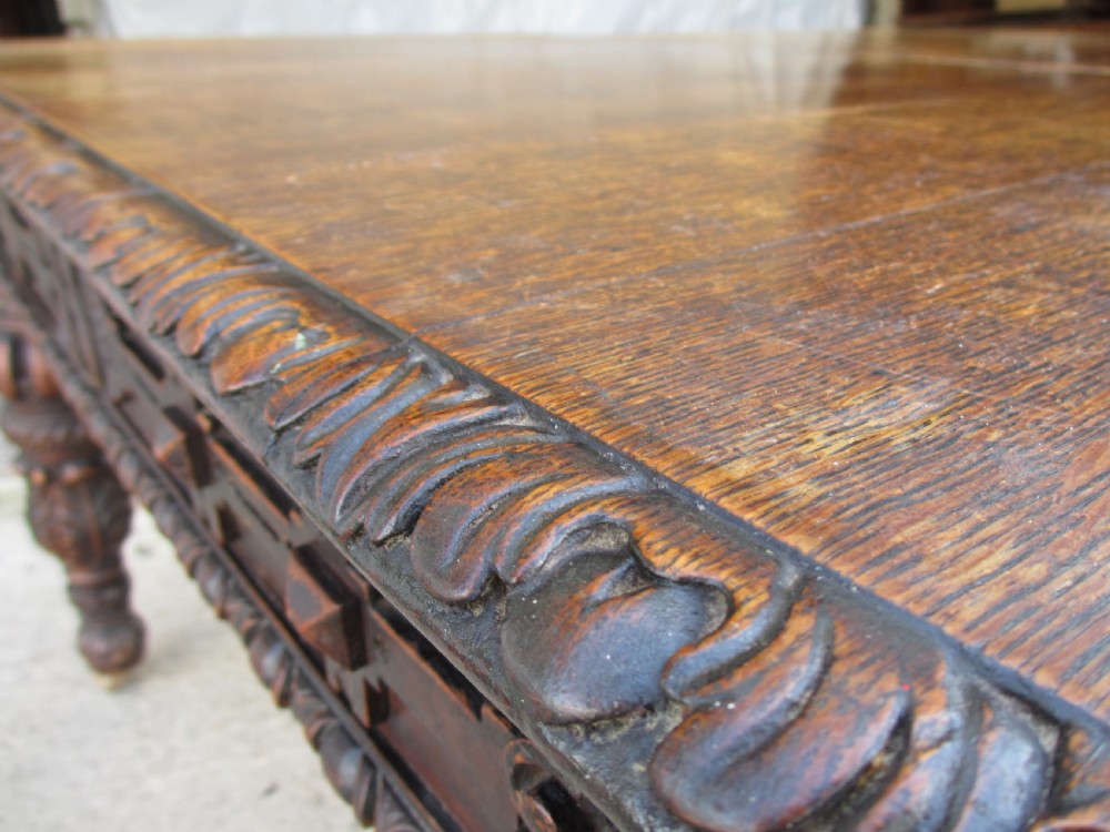 Victorian oak heavily carved partner's library desk  View VII