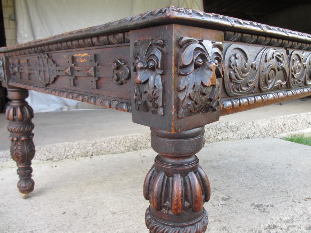Victorian oak heavily carved partner's library desk  View IX