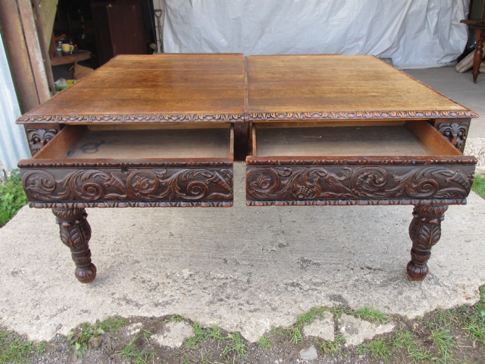 Victorian oak heavily carved partner's library desk  View XI