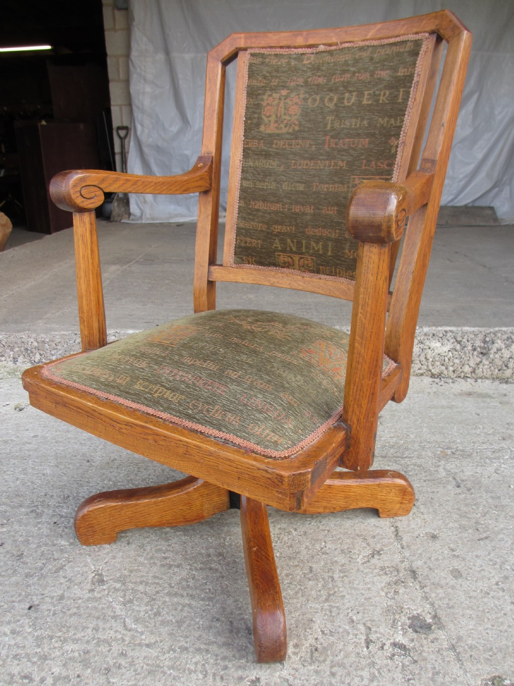 Victorian oak swivel desk chair with upholstered seat and back View VII
