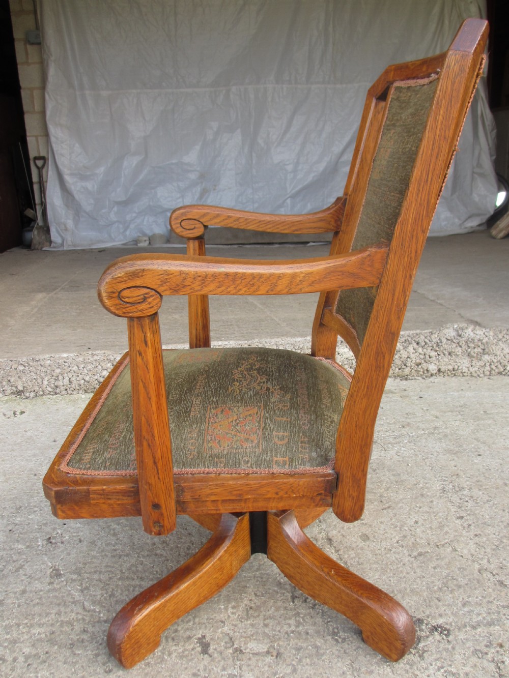 Victorian oak swivel desk chair with upholstered seat and back View X