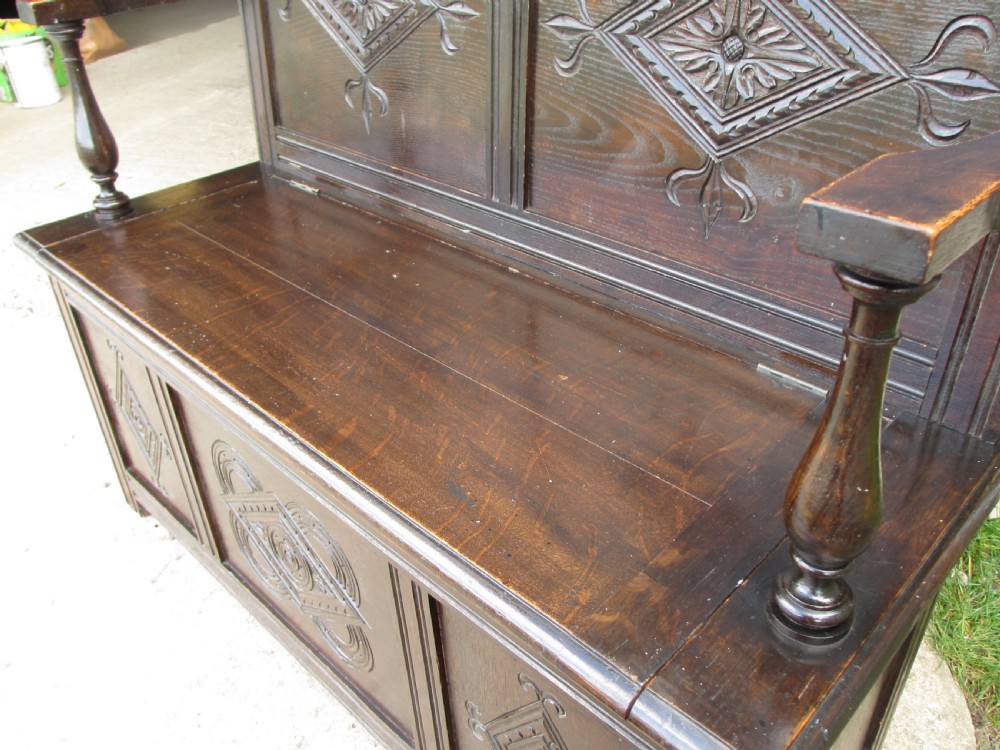 Victorian carved oak storage settle View V