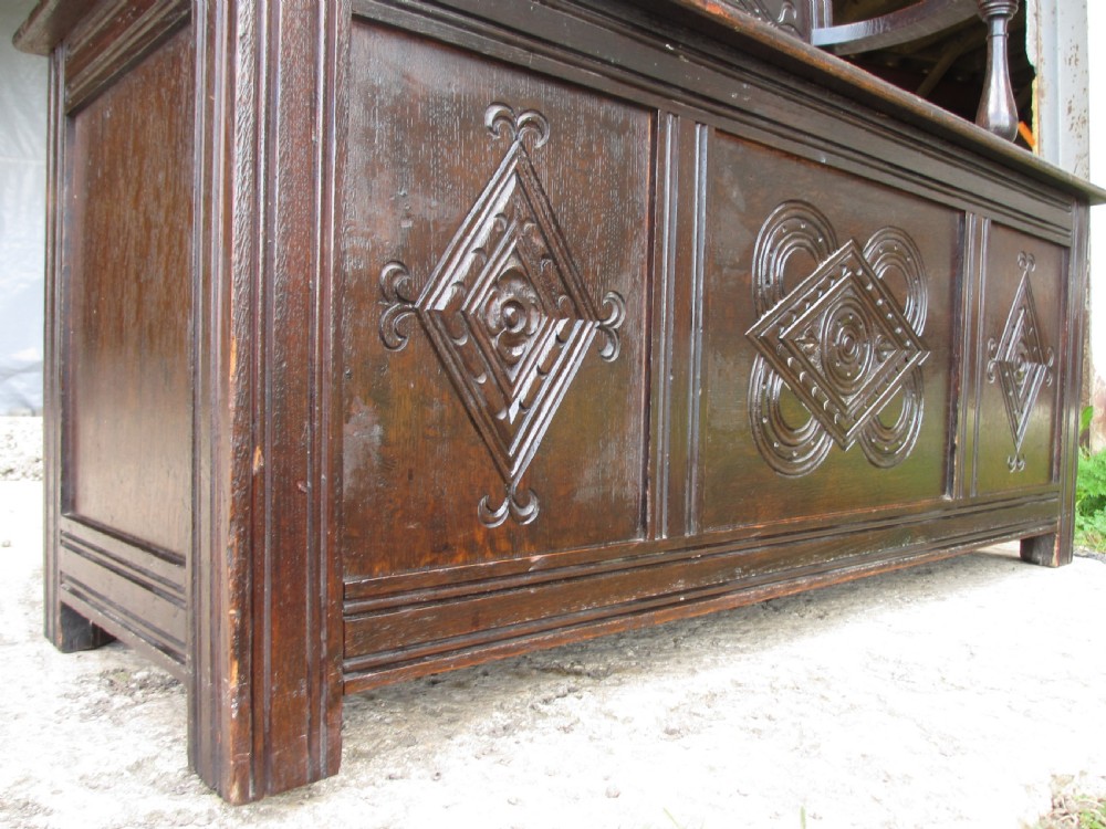 Victorian carved oak storage settle View VI
