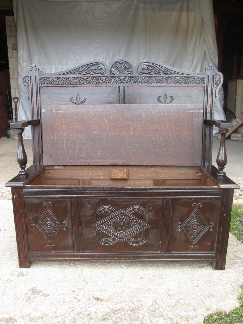 Victorian carved oak storage settle View VIII