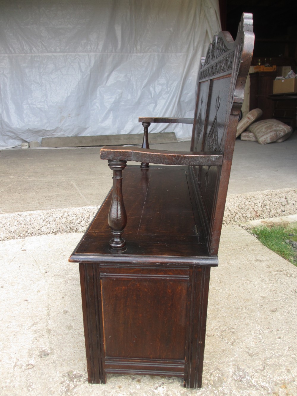 Victorian carved oak storage settle View X