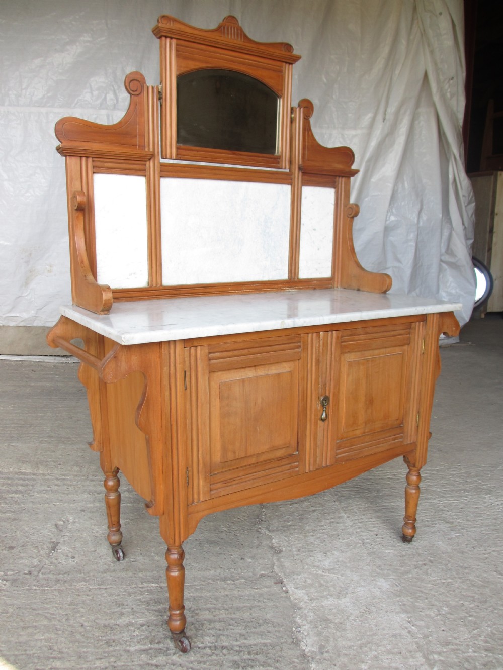 Victorian satinwood washstand with mirrored and marble back View III