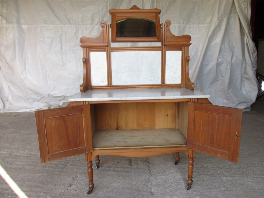 Victorian satinwood washstand with mirrored and marble back View X
