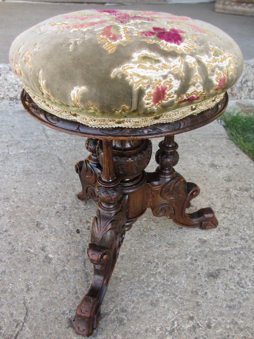 Victorian mahogany upholstered adjustable carved piano stool View II