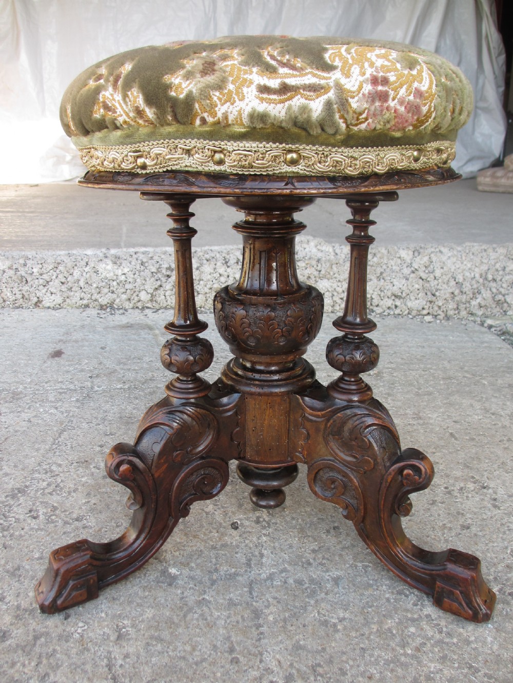 Victorian mahogany upholstered adjustable carved piano stool View III