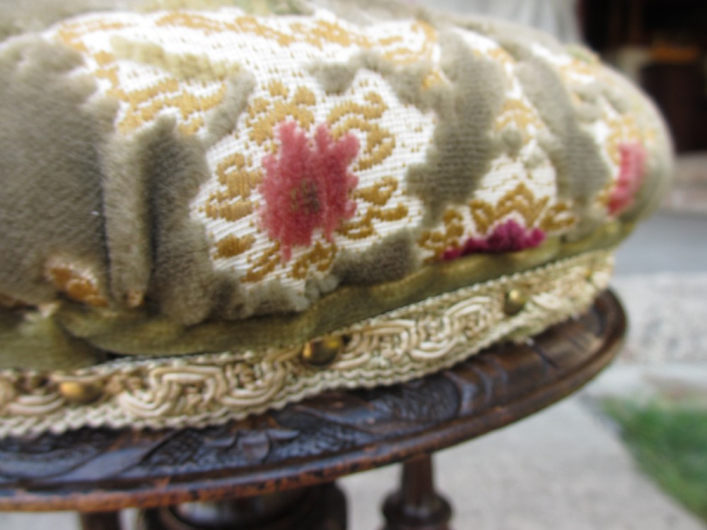 Victorian mahogany upholstered adjustable carved piano stool View V