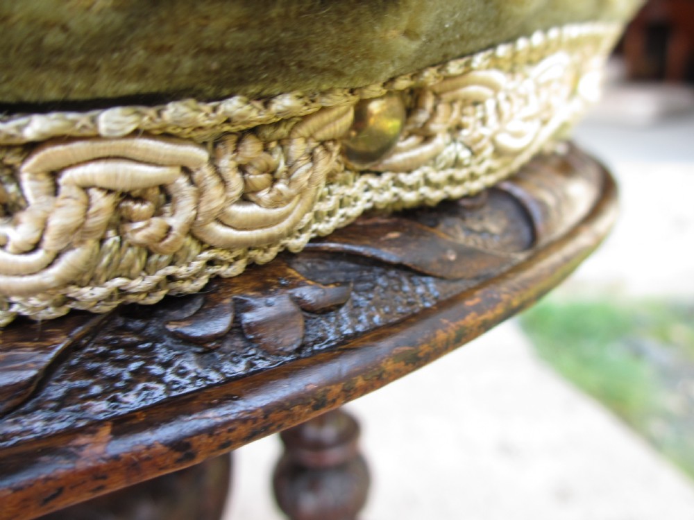 Victorian mahogany upholstered adjustable carved piano stool View VI