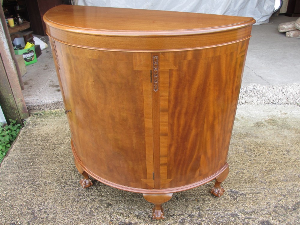 Early 20th century cross banded mahogany demi-lune style side door cabinet View II