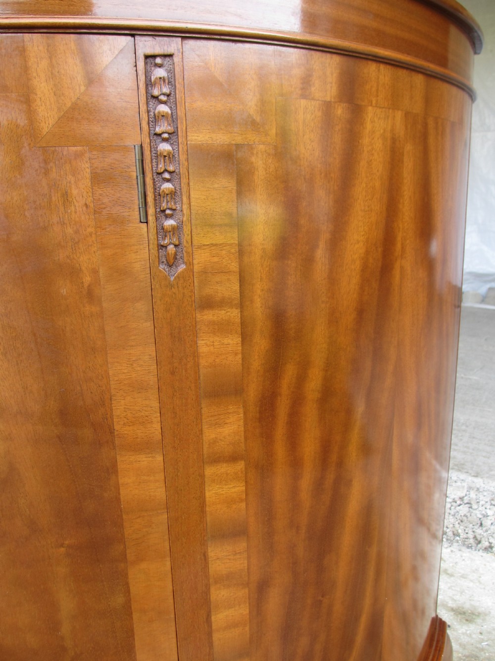 Early 20th century cross banded mahogany demi-lune style side door cabinet View V