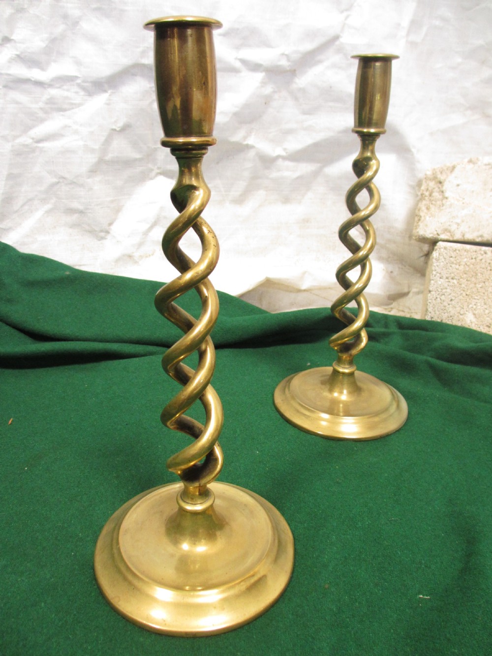 Pair of Victorian brass barley twist candle sticks View II